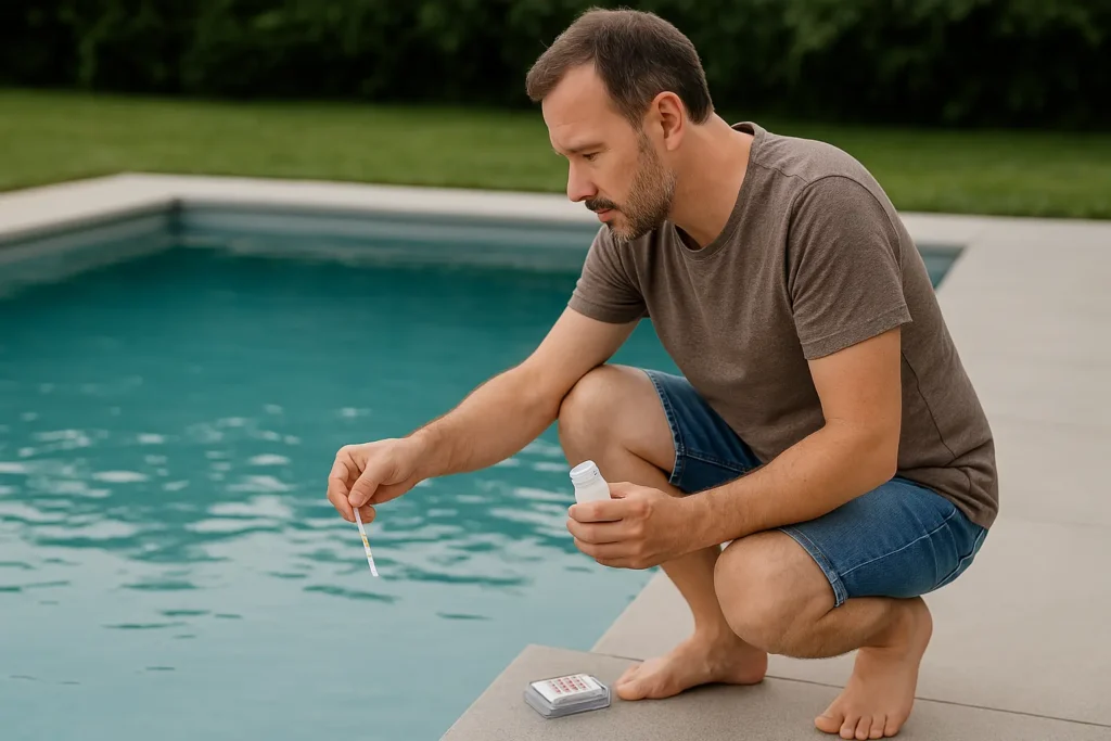 Sioux Falls pool owner balancing chemicals for summer maintenance