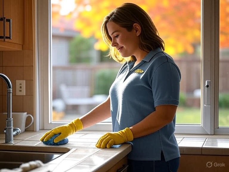 A slim, attractive woman with a slight smile wearing a work shirt, yellow cleaning gloves, and using a scrub brush in a modern midwestern kitchen, with one hand on the counter, fall scenery outside the window, representing home cleaning services in Sioux Falls SD 2025.