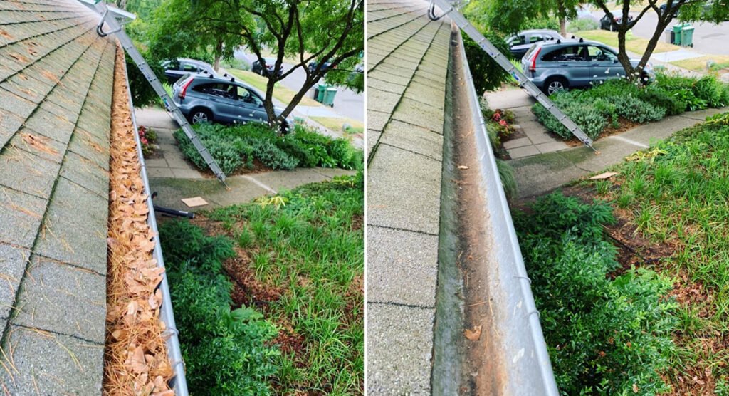 Sioux Falls homeowner removing debris from gutters before and after cleaning