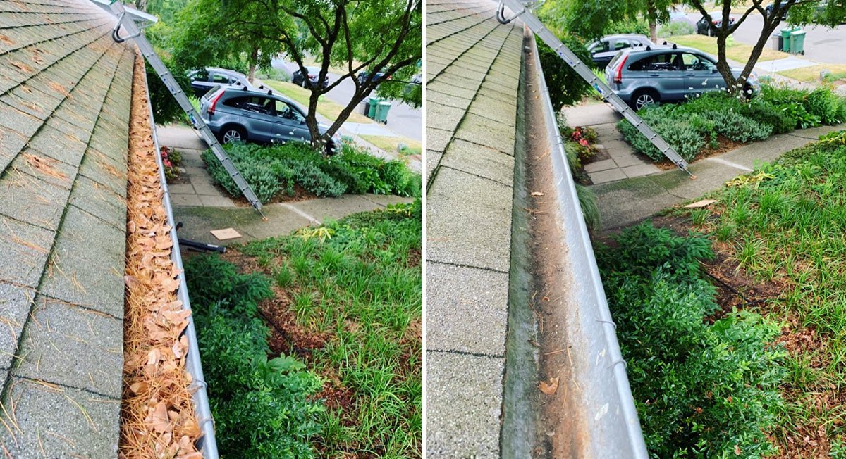Sioux Falls homeowner removing debris from gutters before and after cleaning